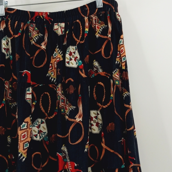 VINTAGE Circle T Native American Indian Chief Tribal Print Tiered Maxi Skirt M - Picture 4 of 13